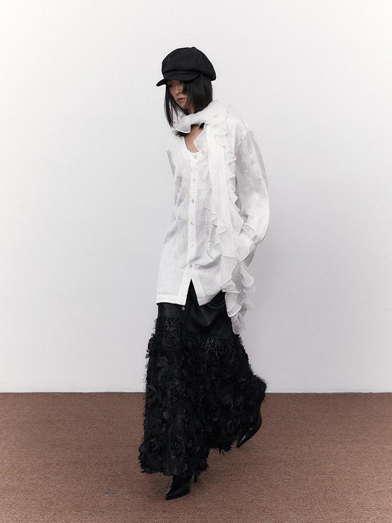 SENSELF White Pleated Deep U Neck Asymmetrical Lace Scarf Bell Sleeve Women's Shirts