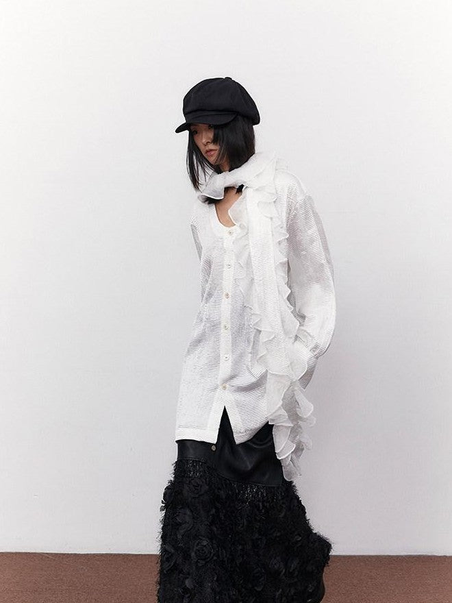 SENSELF White Pleated Deep U Neck Asymmetrical Lace Scarf Bell Sleeve Women's Shirts