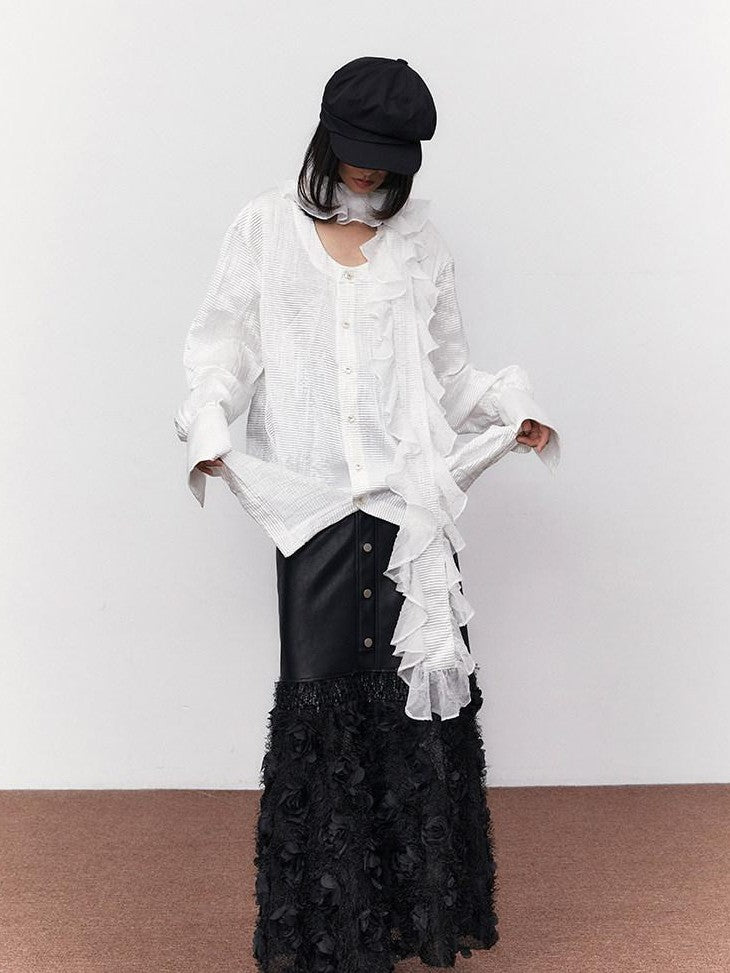 SENSELF White Pleated Deep U Neck Asymmetrical Lace Scarf Bell Sleeve Women's Shirts