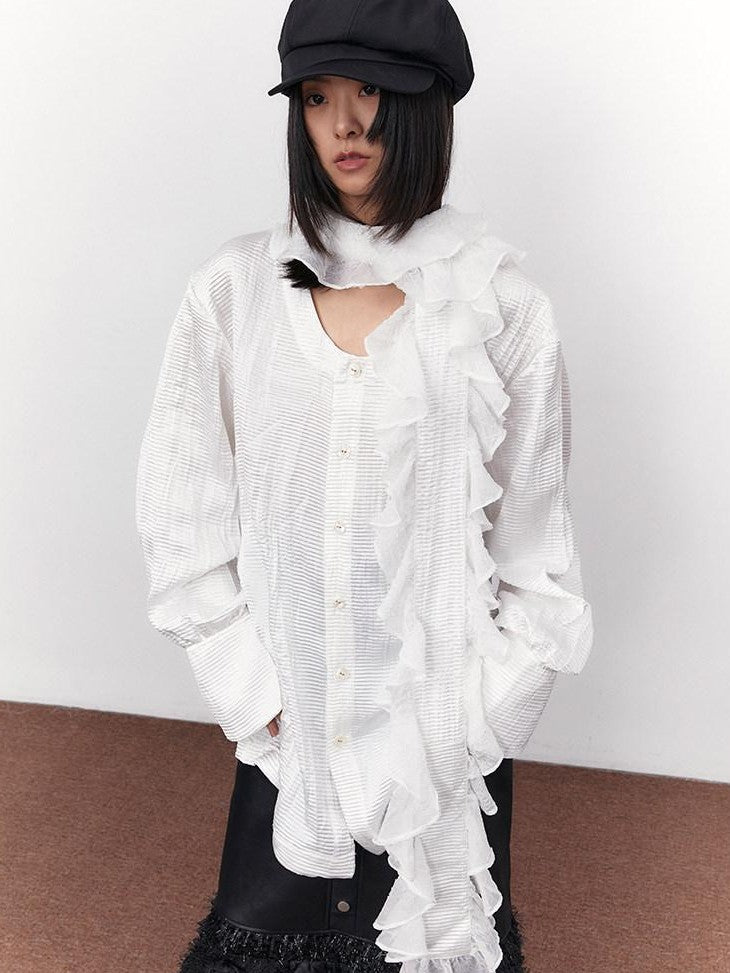 SENSELF White Pleated Deep U Neck Asymmetrical Lace Scarf Bell Sleeve Women's Shirts