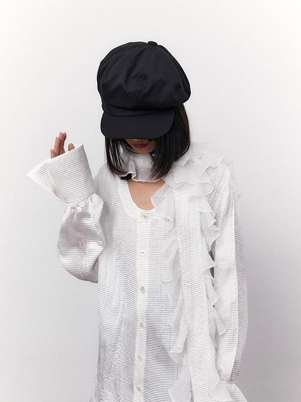 SENSELF White Pleated Deep U Neck Asymmetrical Lace Scarf Bell Sleeve Women's Shirts