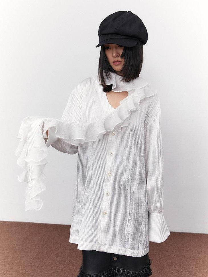 SENSELF White Pleated Deep U Neck Asymmetrical Lace Scarf Bell Sleeve Women's Shirts