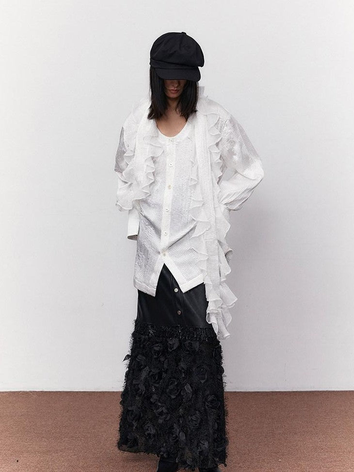 SENSELF White Pleated Deep U Neck Asymmetrical Lace Scarf Bell Sleeve Women's Shirts