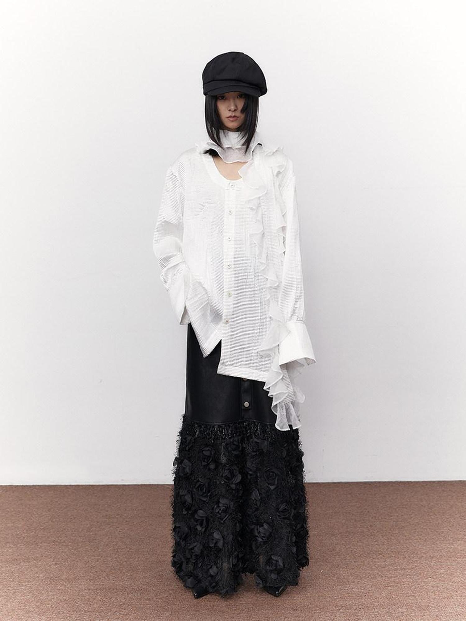 SENSELF White Pleated Deep U Neck Asymmetrical Lace Scarf Bell Sleeve Women's Shirts
