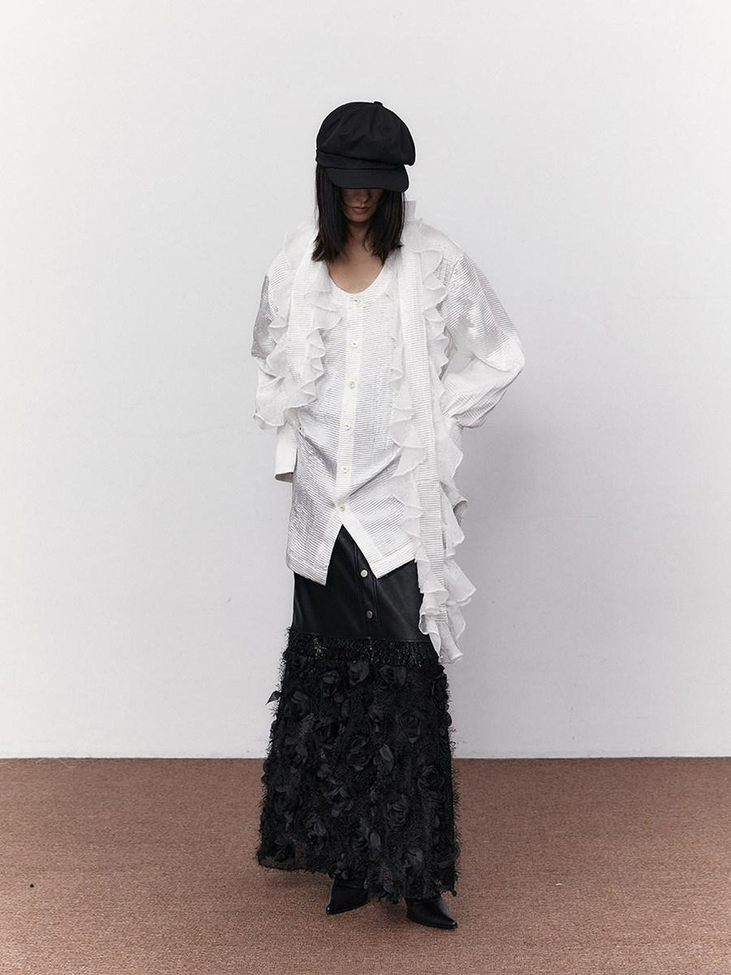 SENSELF White Pleated Deep U Neck Asymmetrical Lace Scarf Bell Sleeve Women's Shirts