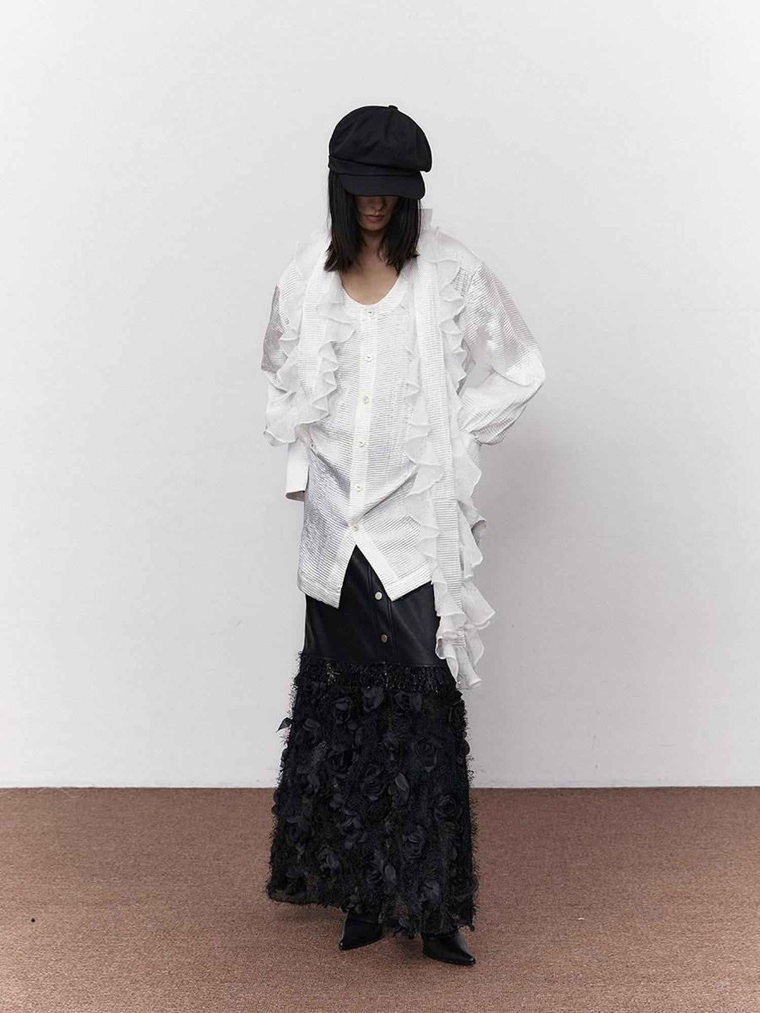 SENSELF White Pleated Deep U Neck Asymmetrical Lace Scarf Bell Sleeve Women's Shirts