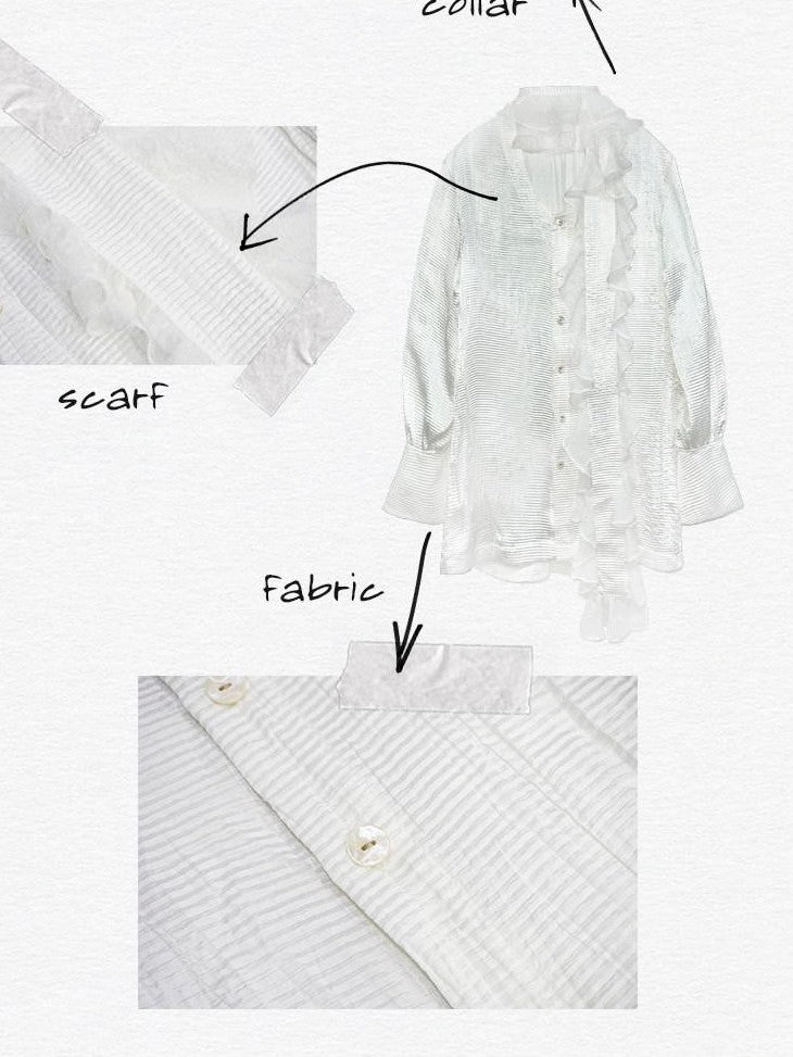 SENSELF White Pleated Deep U Neck Asymmetrical Lace Scarf Bell Sleeve Women's Shirts