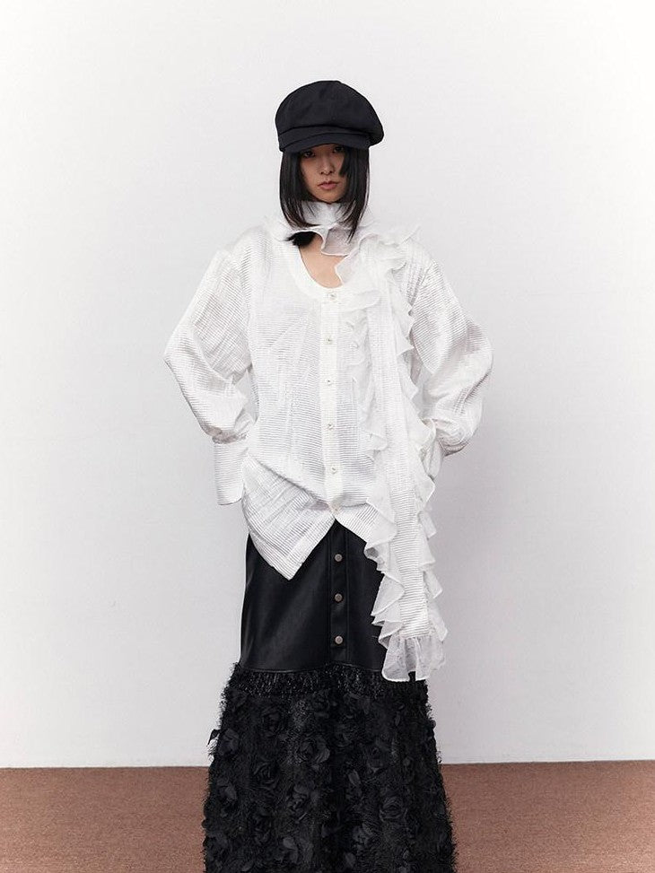 SENSELF White Pleated Deep U Neck Asymmetrical Lace Scarf Bell Sleeve Women's Shirts
