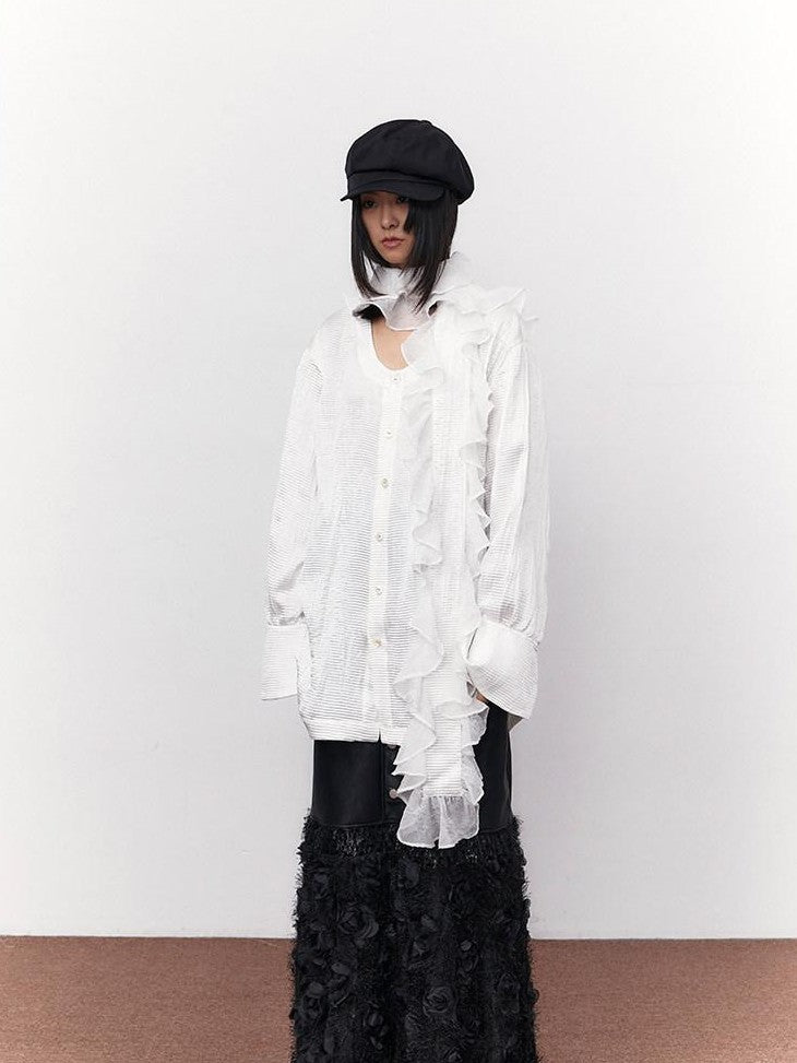 SENSELF White Pleated Deep U Neck Asymmetrical Lace Scarf Bell Sleeve Women's Shirts