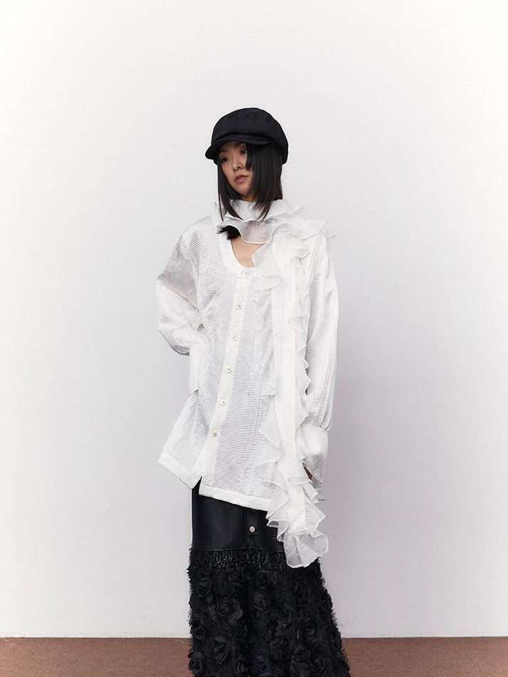 SENSELF White Pleated Deep U Neck Asymmetrical Lace Scarf Bell Sleeve Women's Shirts