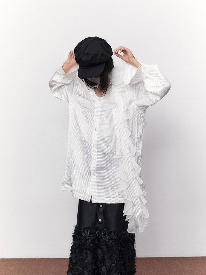 SENSELF White Pleated Deep U Neck Asymmetrical Lace Scarf Bell Sleeve Women's Shirts