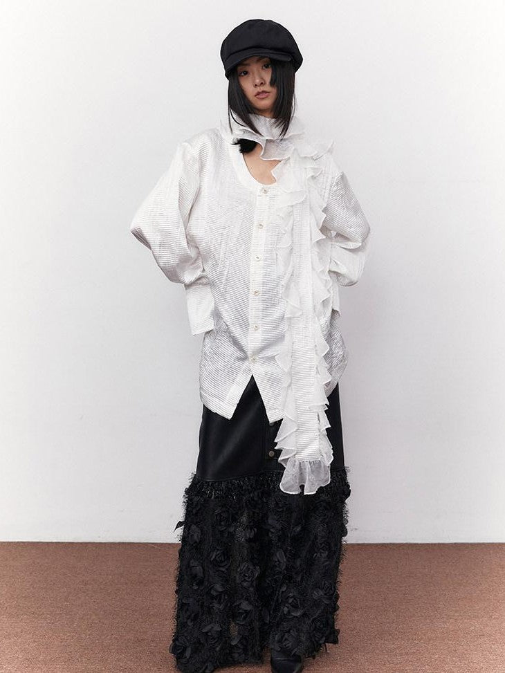 SENSELF White Pleated Deep U Neck Asymmetrical Lace Scarf Bell Sleeve Women's Shirts