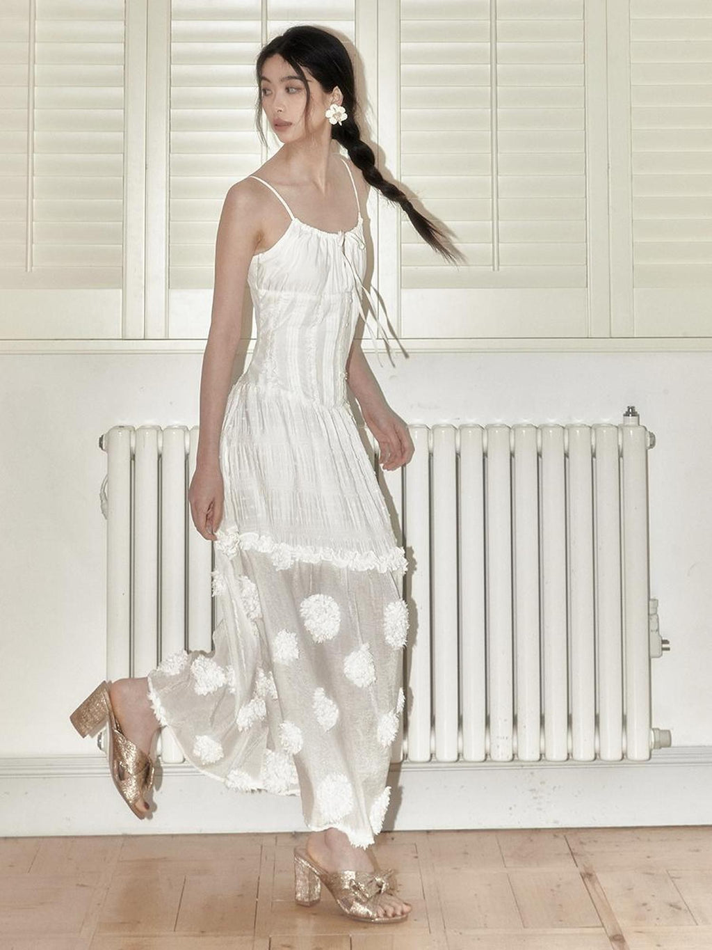 SENSELF White Polka Dot 3d Floral Spliced Women's Slip Midi Dresses