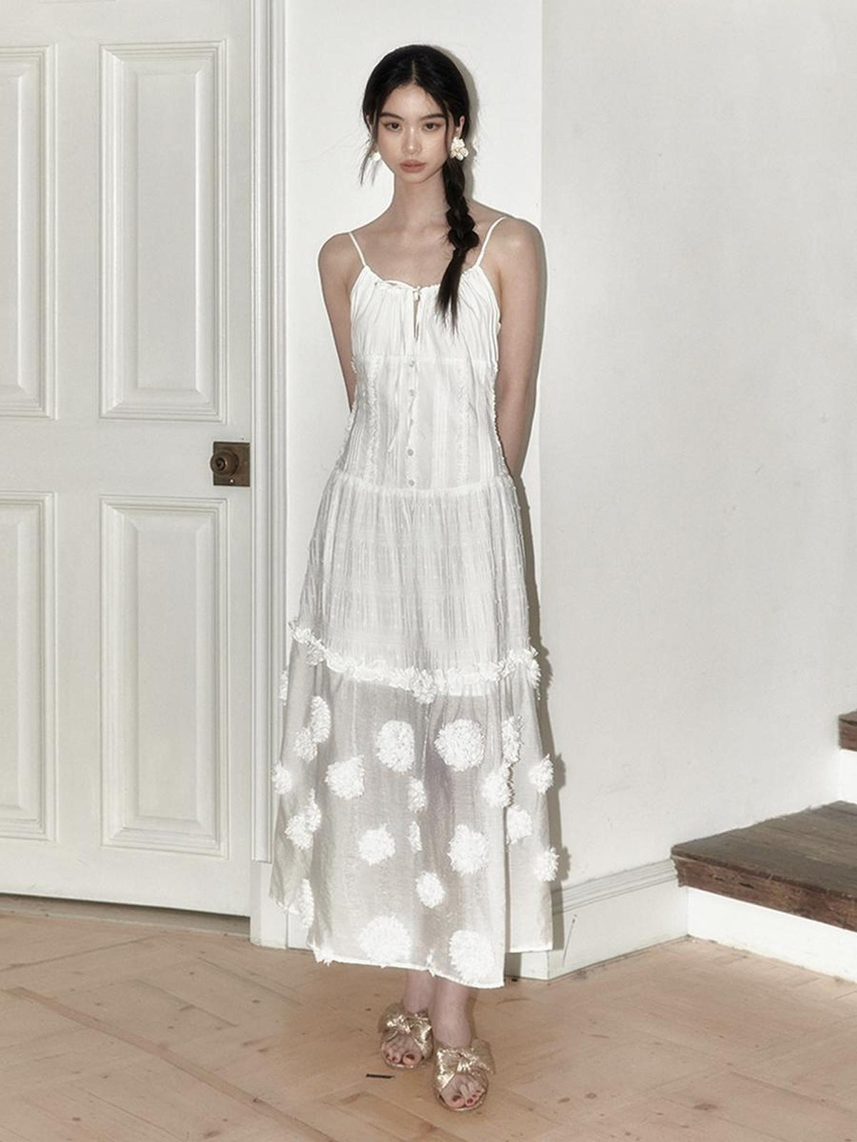 SENSELF White Polka Dot 3d Floral Spliced Women's Slip Midi Dresses