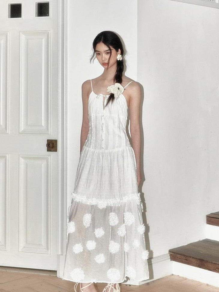 SENSELF White Polka Dot 3d Floral Spliced Women's Slip Midi Dresses