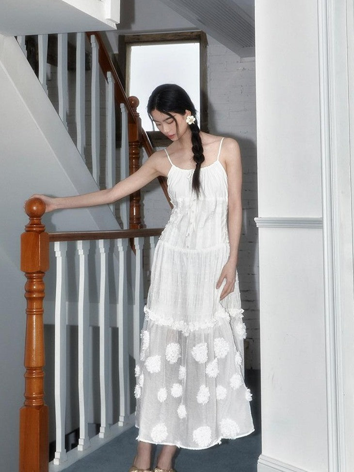 SENSELF White Polka Dot 3d Floral Spliced Women's Slip Midi Dresses