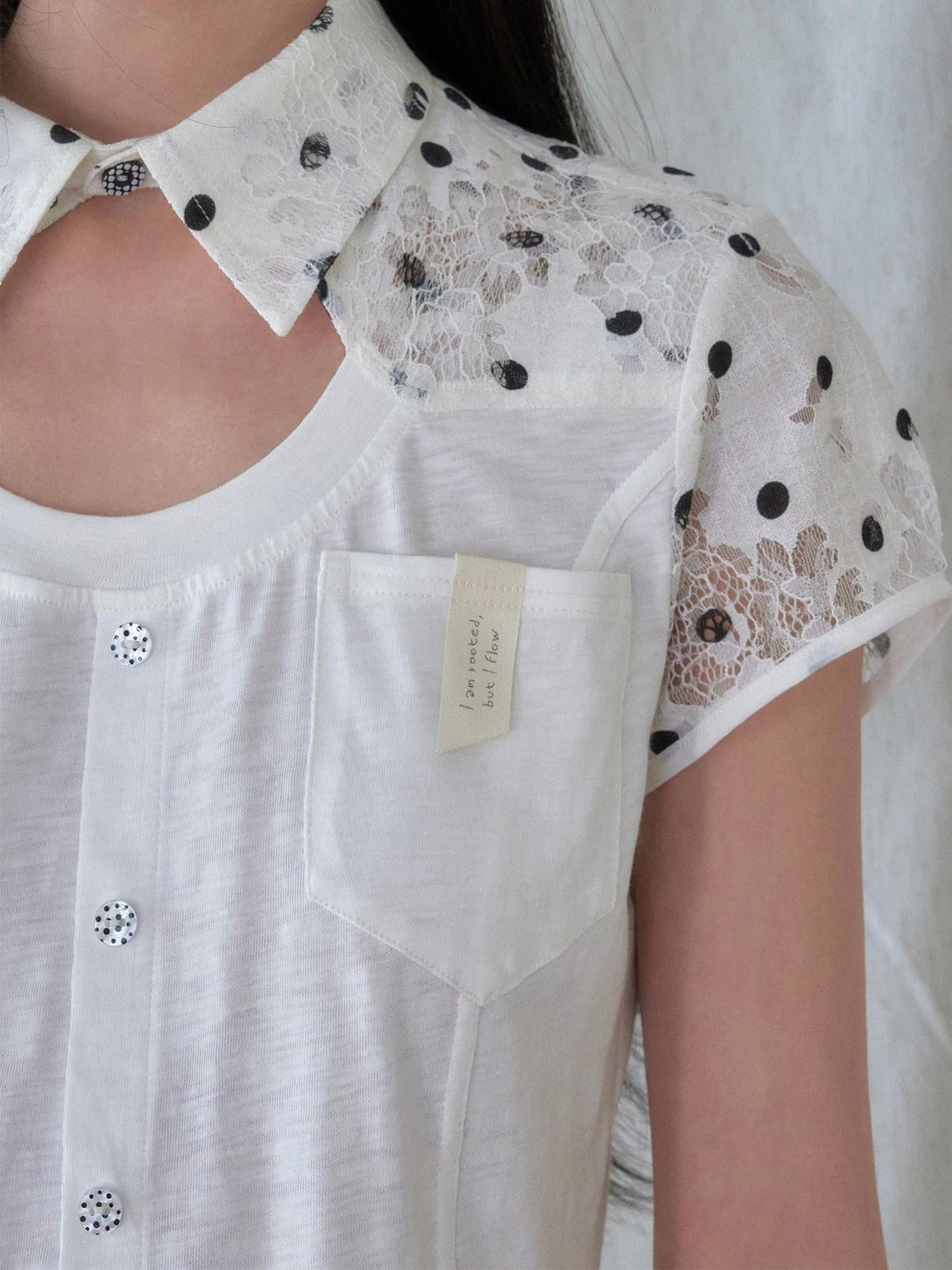 SENSELF White Polka Dot Patchwork Asymmetrical Cutout Slim Deconstructed Women's Shirts