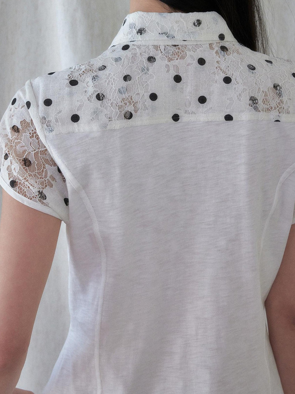 SENSELF White Polka Dot Patchwork Asymmetrical Cutout Slim Deconstructed Women's Shirts