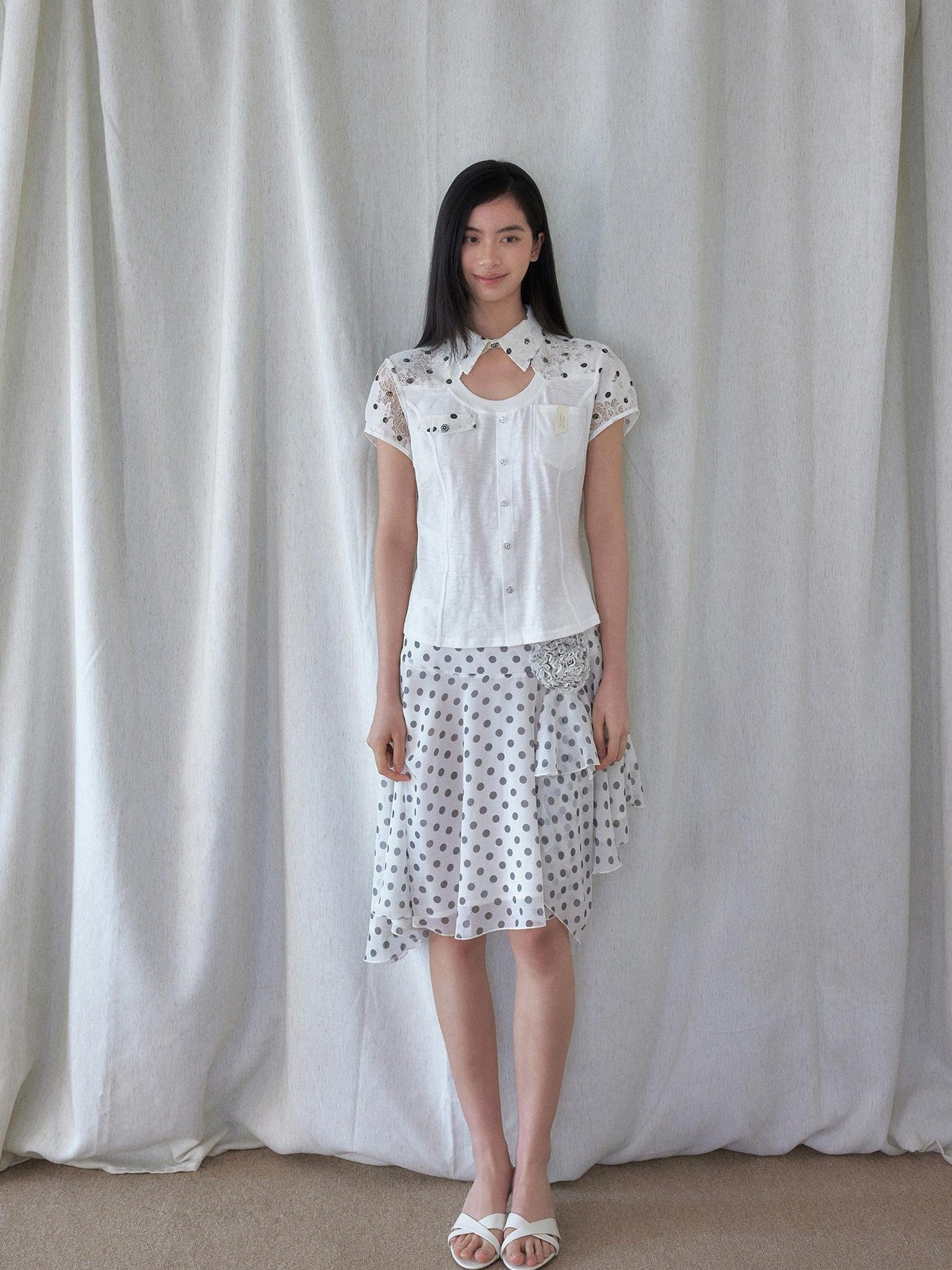 SENSELF White Polka Dot Patchwork Asymmetrical Cutout Slim Deconstructed Women's Shirts