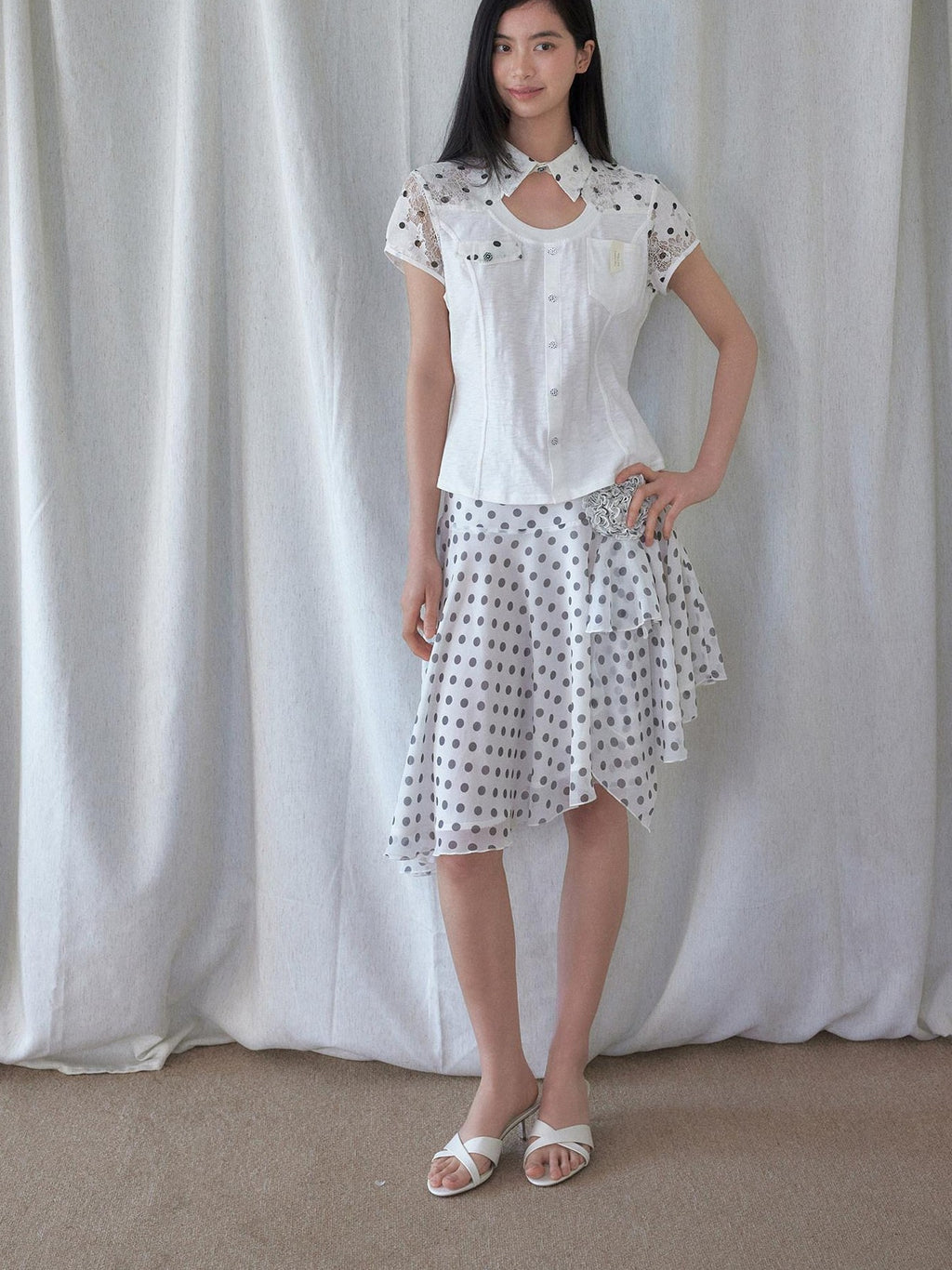 SENSELF White Polka Dot Patchwork Asymmetrical Cutout Slim Deconstructed Women's Shirts