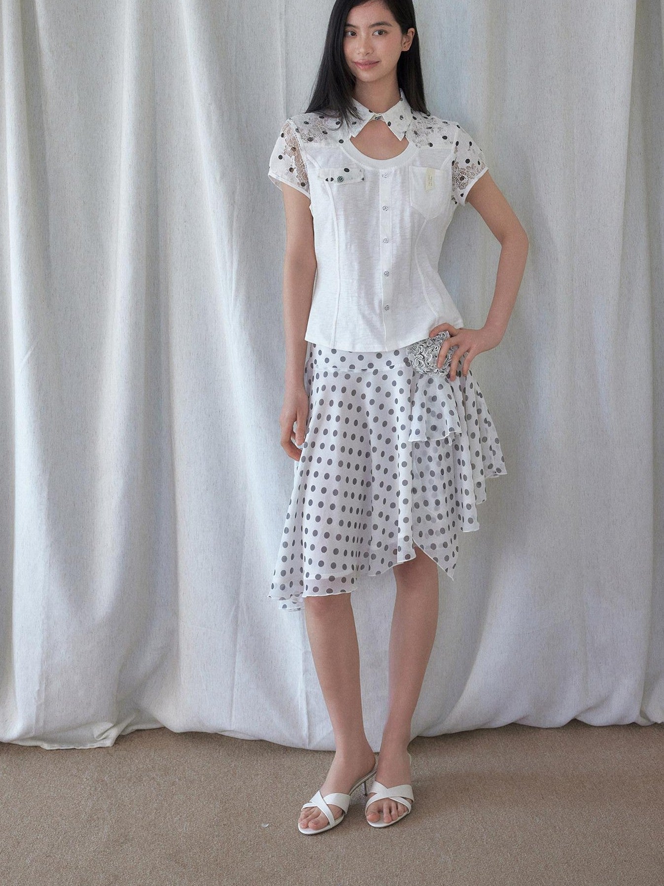 SENSELF White Polka Dot Patchwork Asymmetrical Cutout Slim Deconstructed Women's Shirts