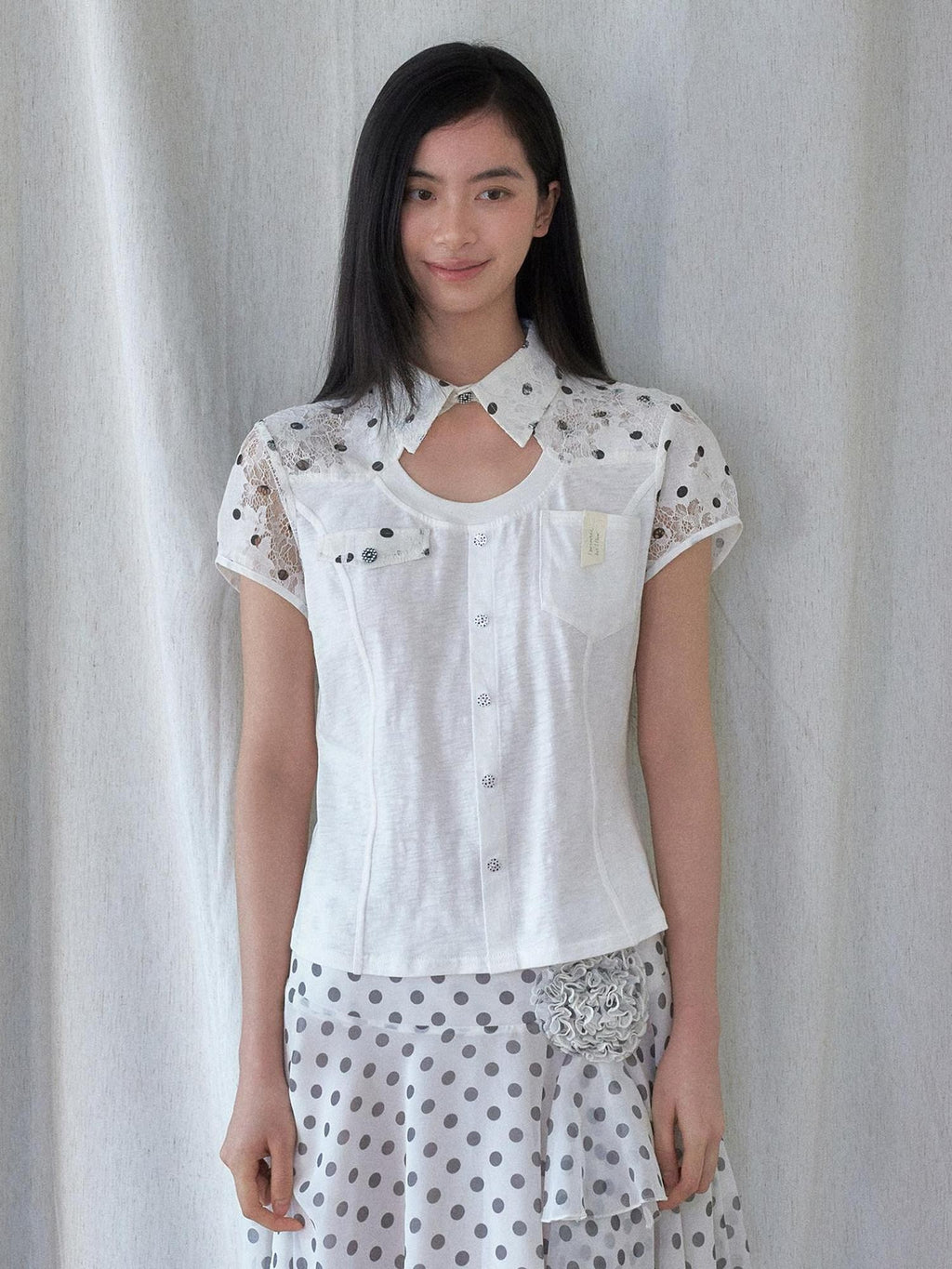 SENSELF White Polka Dot Patchwork Asymmetrical Cutout Slim Deconstructed Women's Shirts