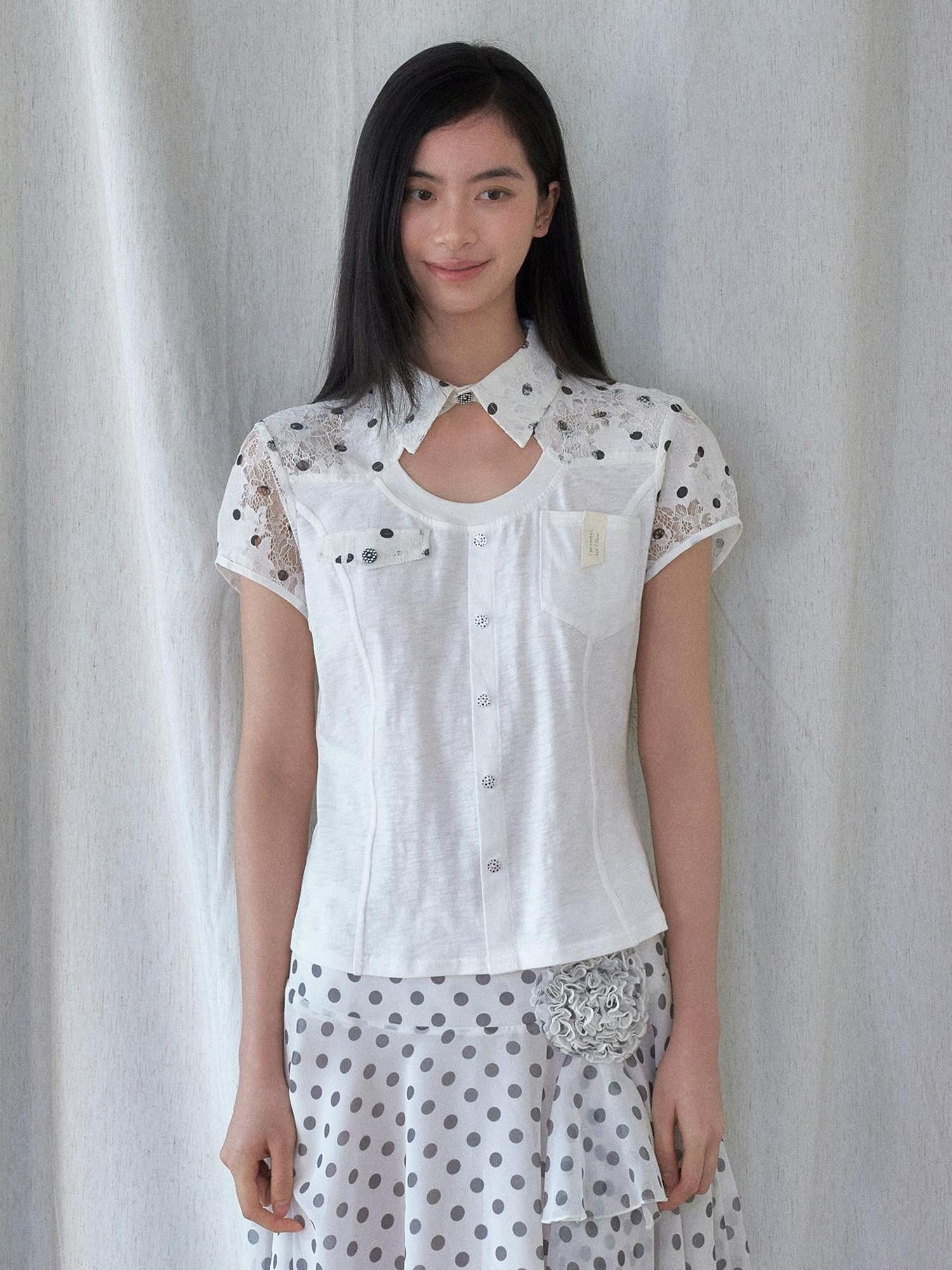 SENSELF White Polka Dot Patchwork Asymmetrical Cutout Slim Deconstructed Women's Shirts