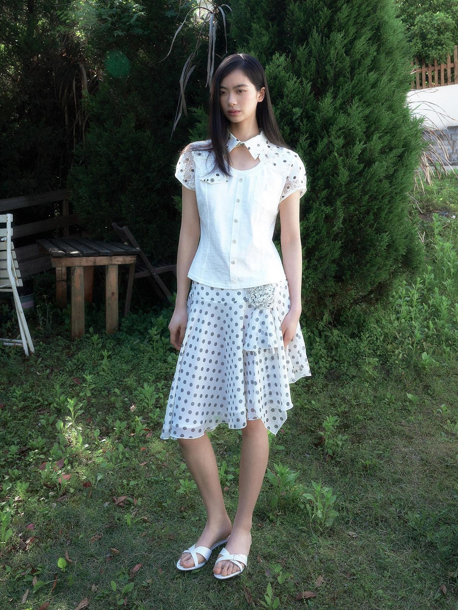 SENSELF White Polka Dot Patchwork Asymmetrical Cutout Slim Deconstructed Women's Shirts