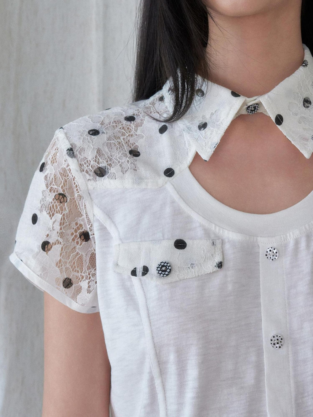 SENSELF White Polka Dot Patchwork Asymmetrical Cutout Slim Deconstructed Women's Shirts