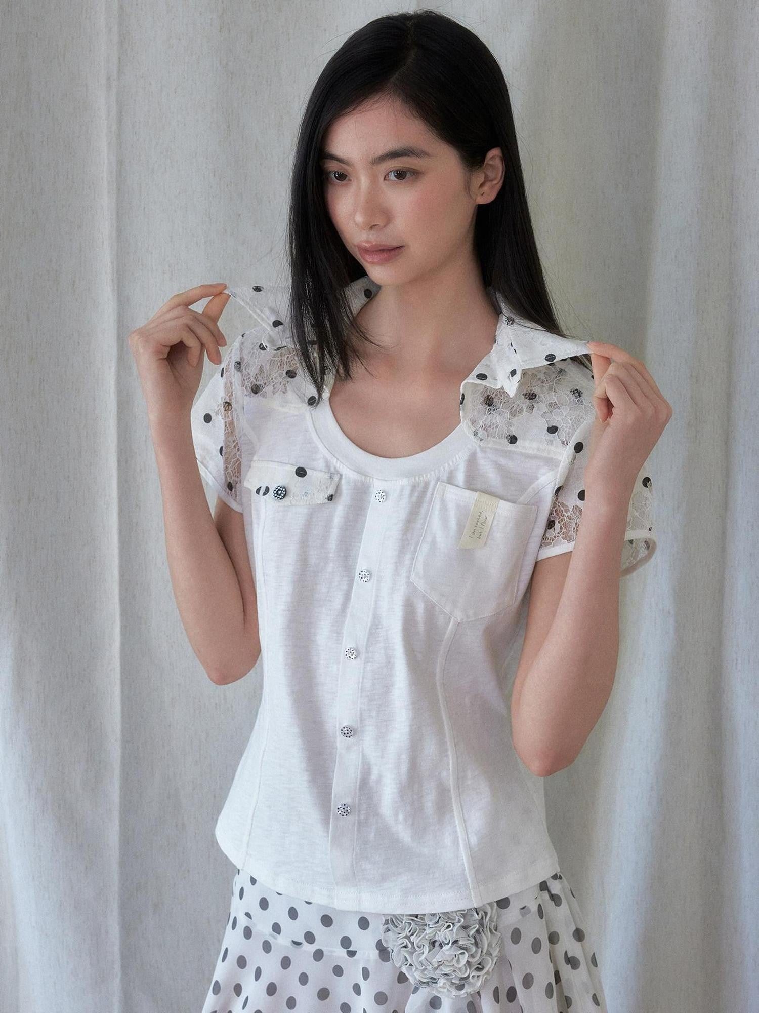 SENSELF White Polka Dot Patchwork Asymmetrical Cutout Slim Deconstructed Women's Shirts