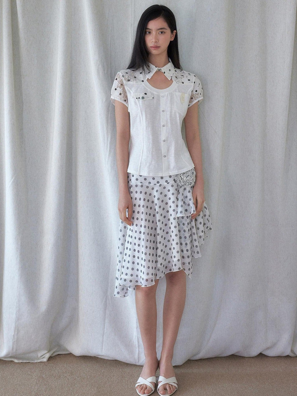 SENSELF White Polka Dot Patchwork Asymmetrical Cutout Slim Deconstructed Women's Shirts