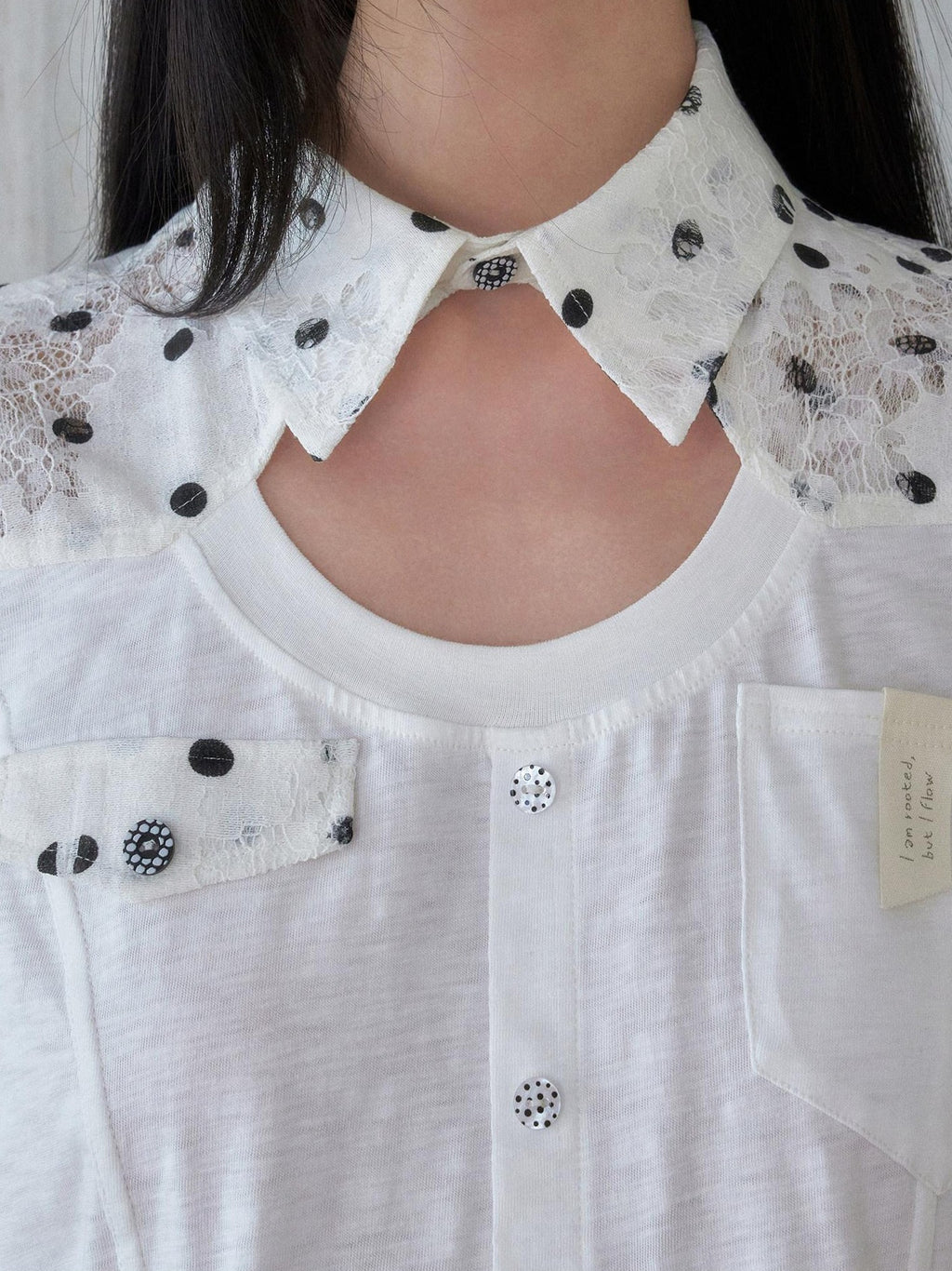 SENSELF White Polka Dot Patchwork Asymmetrical Cutout Slim Deconstructed Women's Shirts