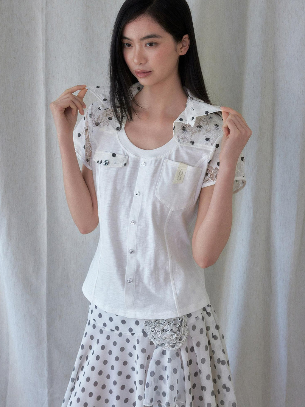 SENSELF White Polka Dot Patchwork Asymmetrical Cutout Slim Deconstructed Women's Shirts