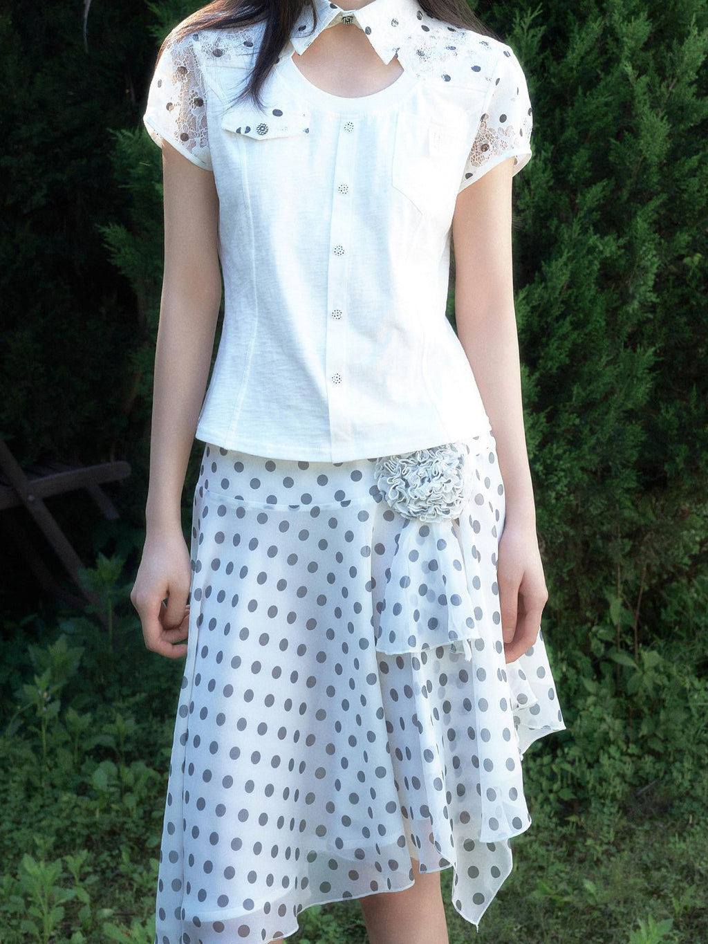 SENSELF White Polka Dot Patchwork Asymmetrical Cutout Slim Deconstructed Women's Shirts