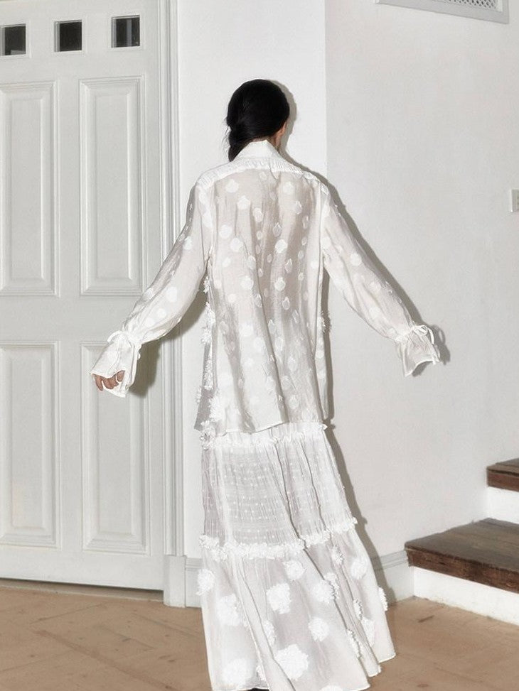 SENSELF White Polka Dot Patchwork Floral Chinese Women's Large Hem Tiered Skirts