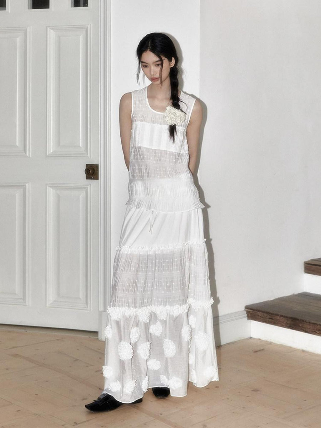 SENSELF White Polka Dot Patchwork Floral Chinese Women's Large Hem Tiered Skirts
