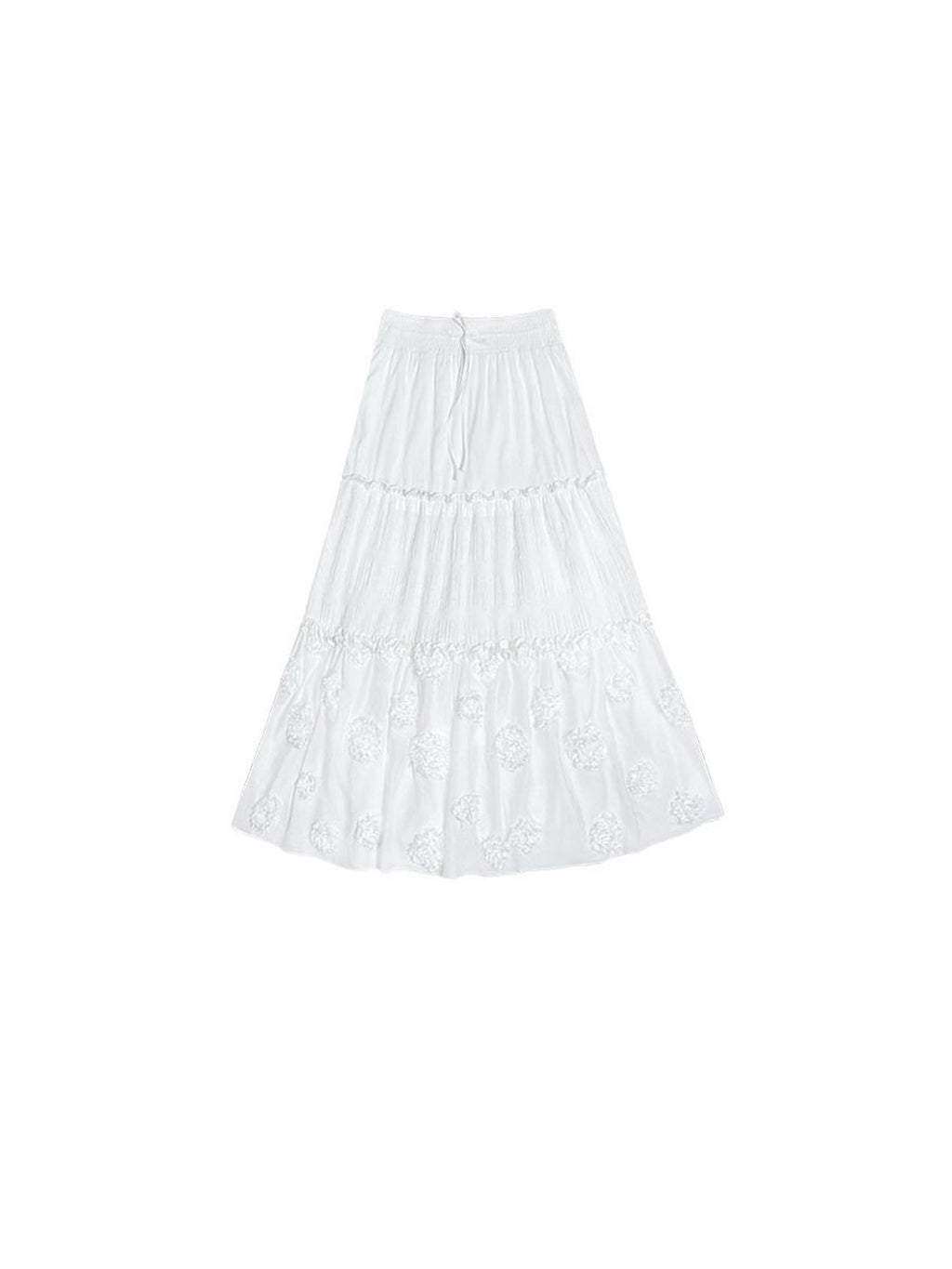 SENSELF White Polka Dot Patchwork Floral Chinese Women's Large Hem Tiered Skirts