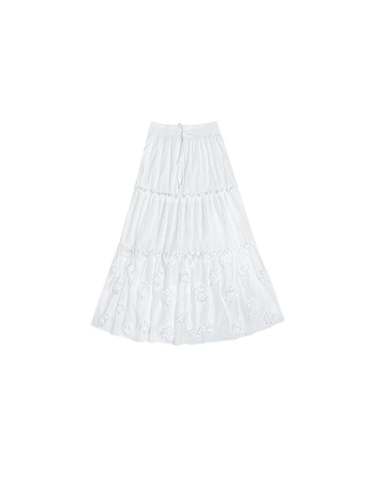 SENSELF White Polka Dot Patchwork Floral Chinese Women's Large Hem Tiered Skirts