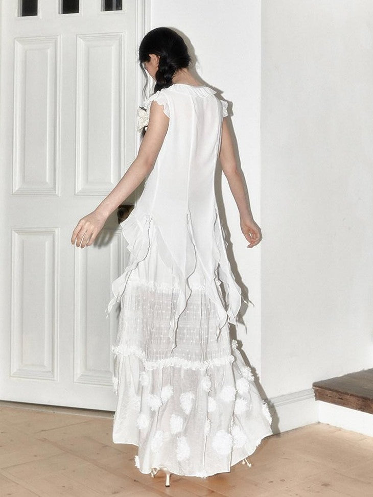 SENSELF White Polka Dot Patchwork Floral Chinese Women's Large Hem Tiered Skirts