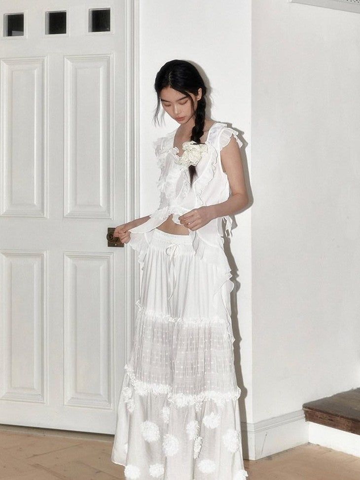 SENSELF White Polka Dot Patchwork Floral Chinese Women's Large Hem Tiered Skirts