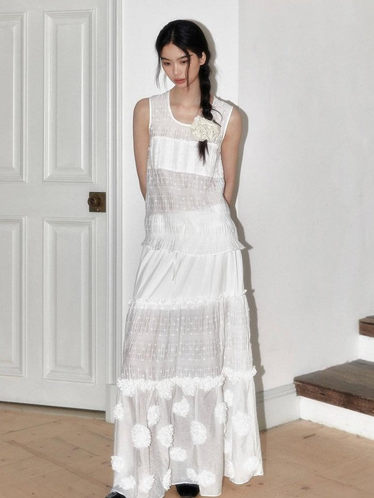 SENSELF White Polka Dot Patchwork Floral Chinese Women's Large Hem Tiered Skirts