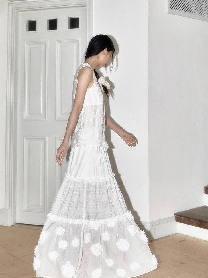 SENSELF White Polka Dot Patchwork Floral Chinese Women's Large Hem Tiered Skirts