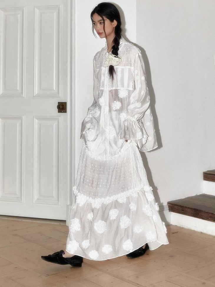SENSELF White Polka Dot Patchwork Floral Chinese Women's Large Hem Tiered Skirts