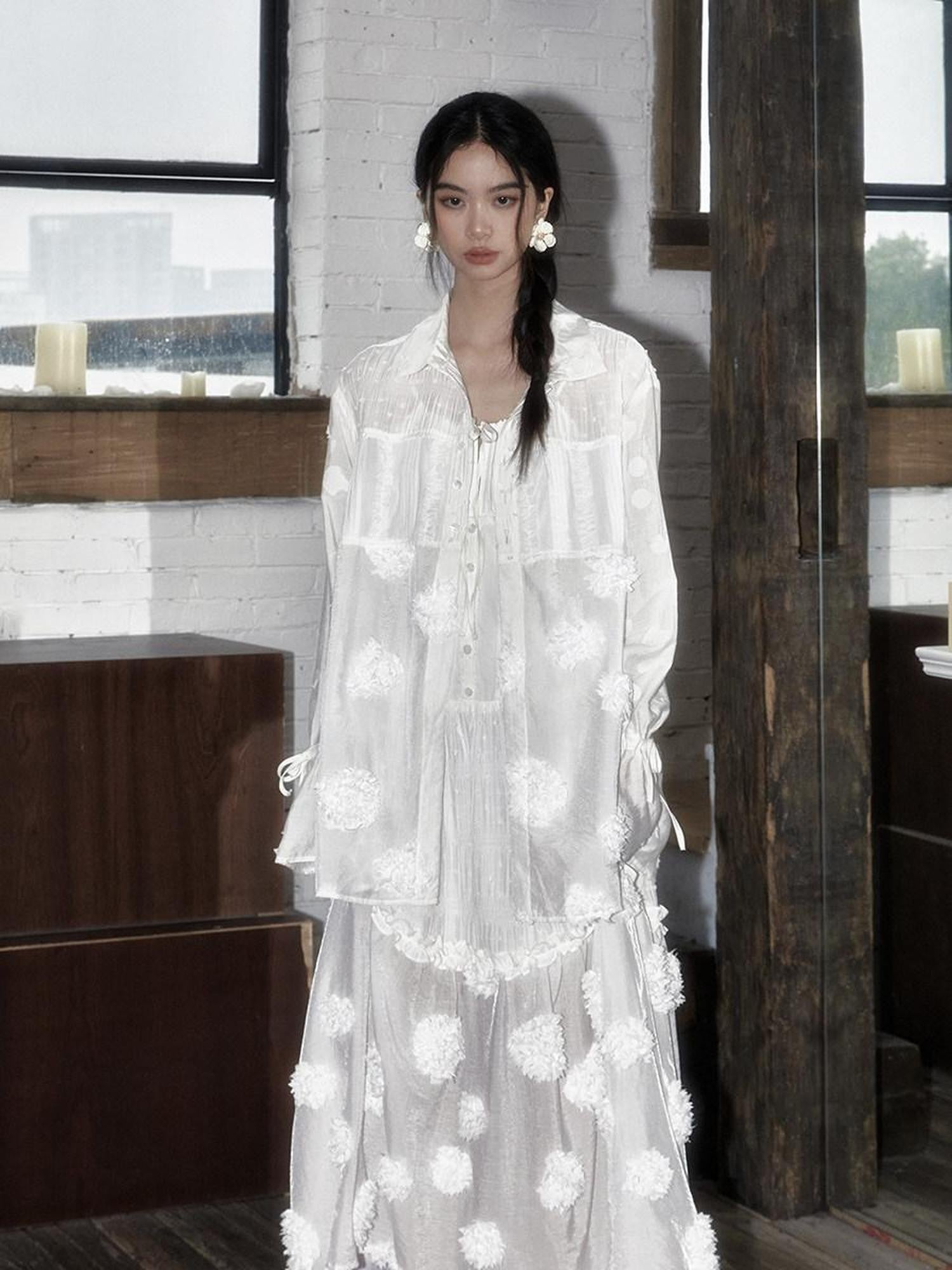 SENSELF White Polka Dot Patchwork Modern Mandarin Women's Semi Transparent Sheer Shirts