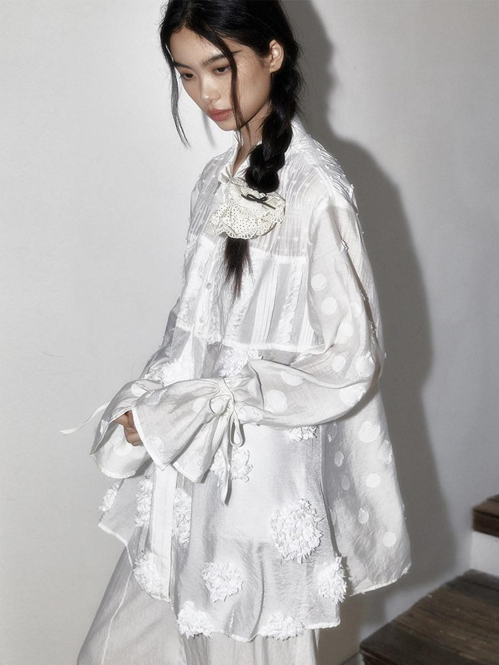 SENSELF White Polka Dot Patchwork Modern Mandarin Women's Semi Transparent Sheer Shirts