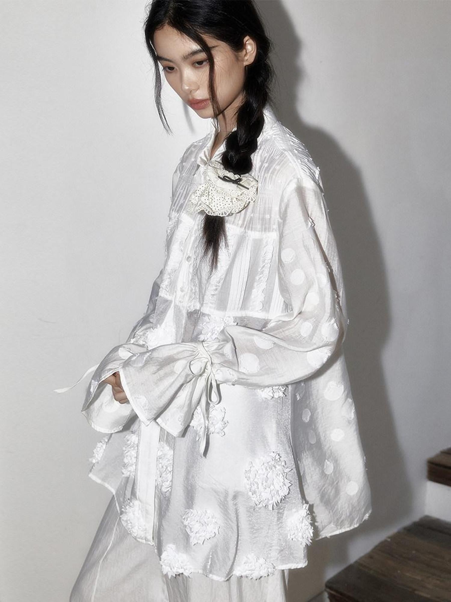 SENSELF White Polka Dot Patchwork Modern Mandarin Women's Semi Transparent Sheer Shirts