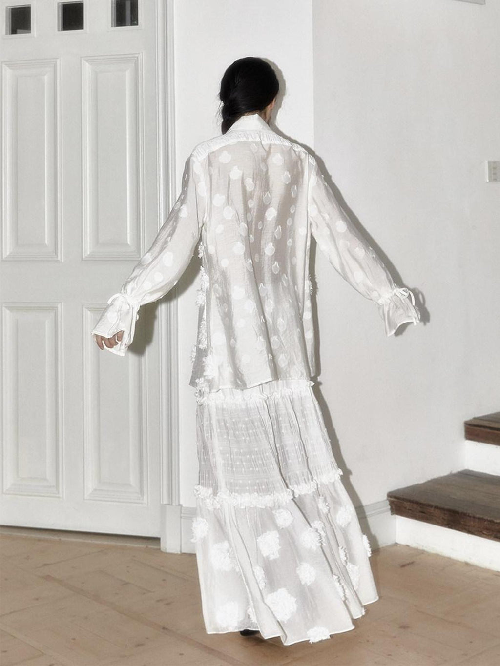 SENSELF White Polka Dot Patchwork Modern Mandarin Women's Semi Transparent Sheer Shirts