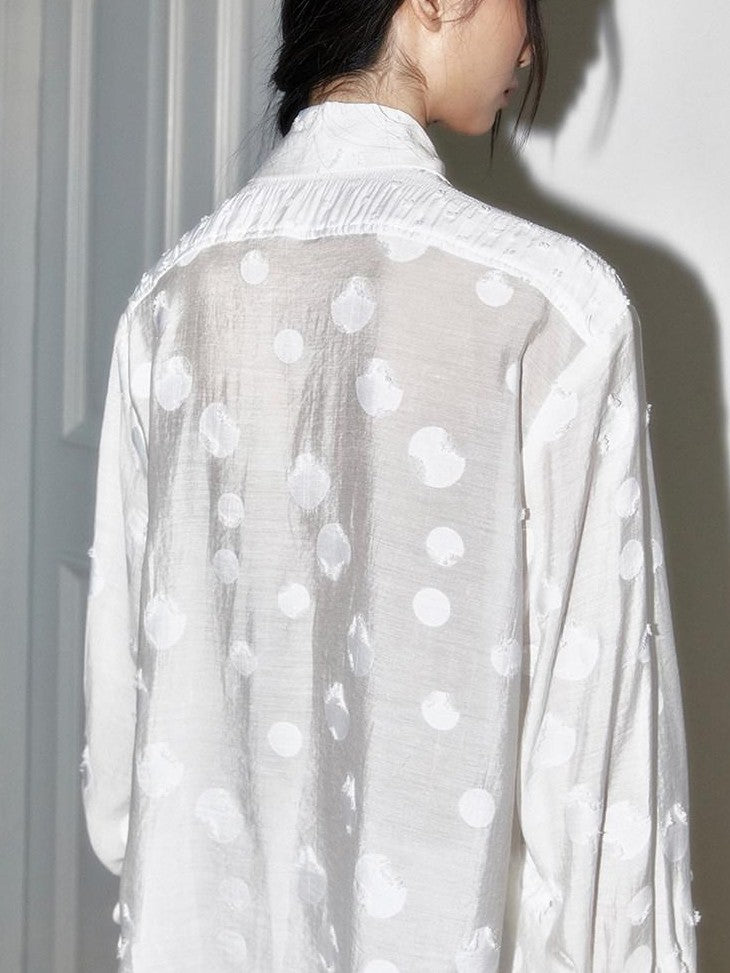 SENSELF White Polka Dot Patchwork Modern Mandarin Women's Semi Transparent Sheer Shirts