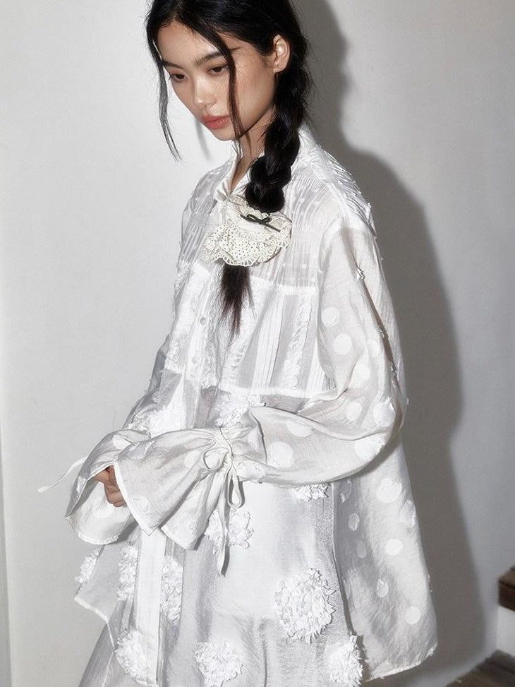 SENSELF White Polka Dot Patchwork Modern Mandarin Women's Semi Transparent Sheer Shirts
