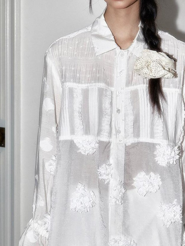 SENSELF White Polka Dot Patchwork Modern Mandarin Women's Semi Transparent Sheer Shirts